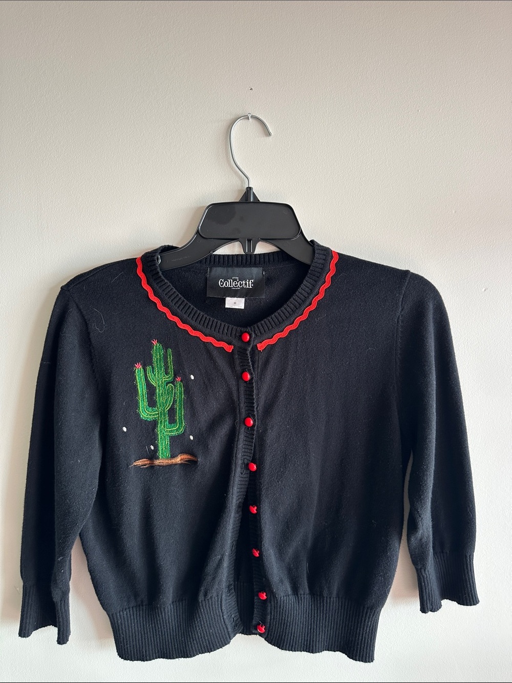 Collectif Black Cropped Cardigan with Green Cactus and Red Trim Medium